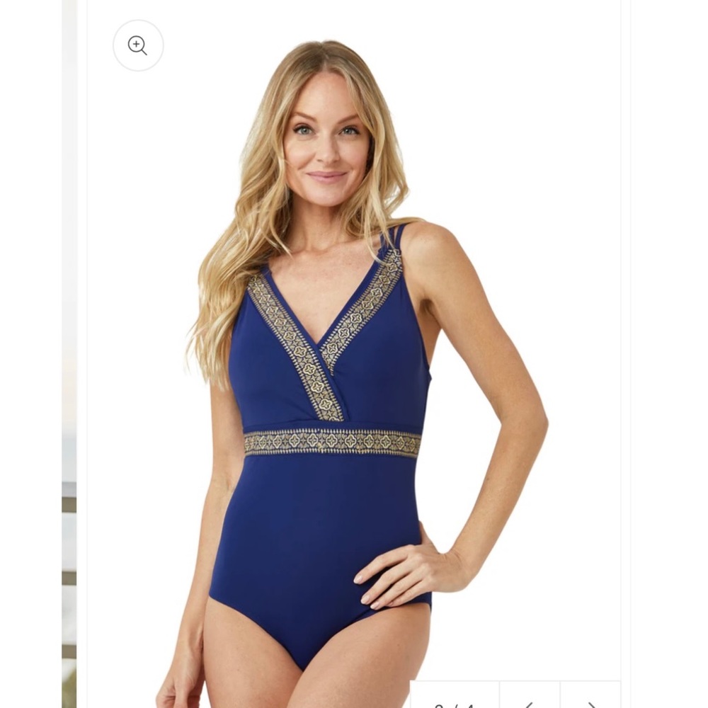 New With Tags Cabana Life Navy Embroidered Metallic One Piece Swimsuit Large